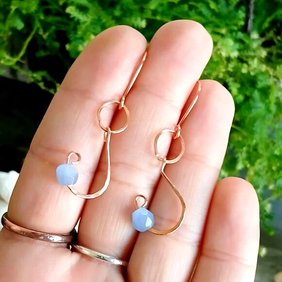 Cats Eye Beaded Dangle Earrings, Hammered Copper Jewelry 2" - Picture 5 of 5